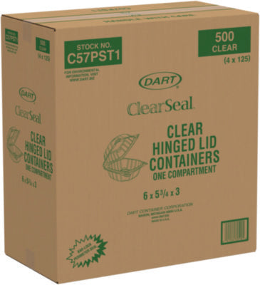 Dart ClearSeal Hinged Lid Plastic Container, Clear, 5.8" x 6" x 3", 125ct. - 4/CS (C57PST1)