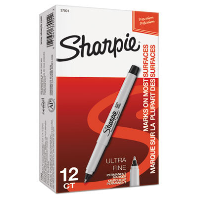 Sharpie Ultra Fine Tip Permanent Marker, Ultra-Fine Needle Tip, Black - 12/Box (37001)