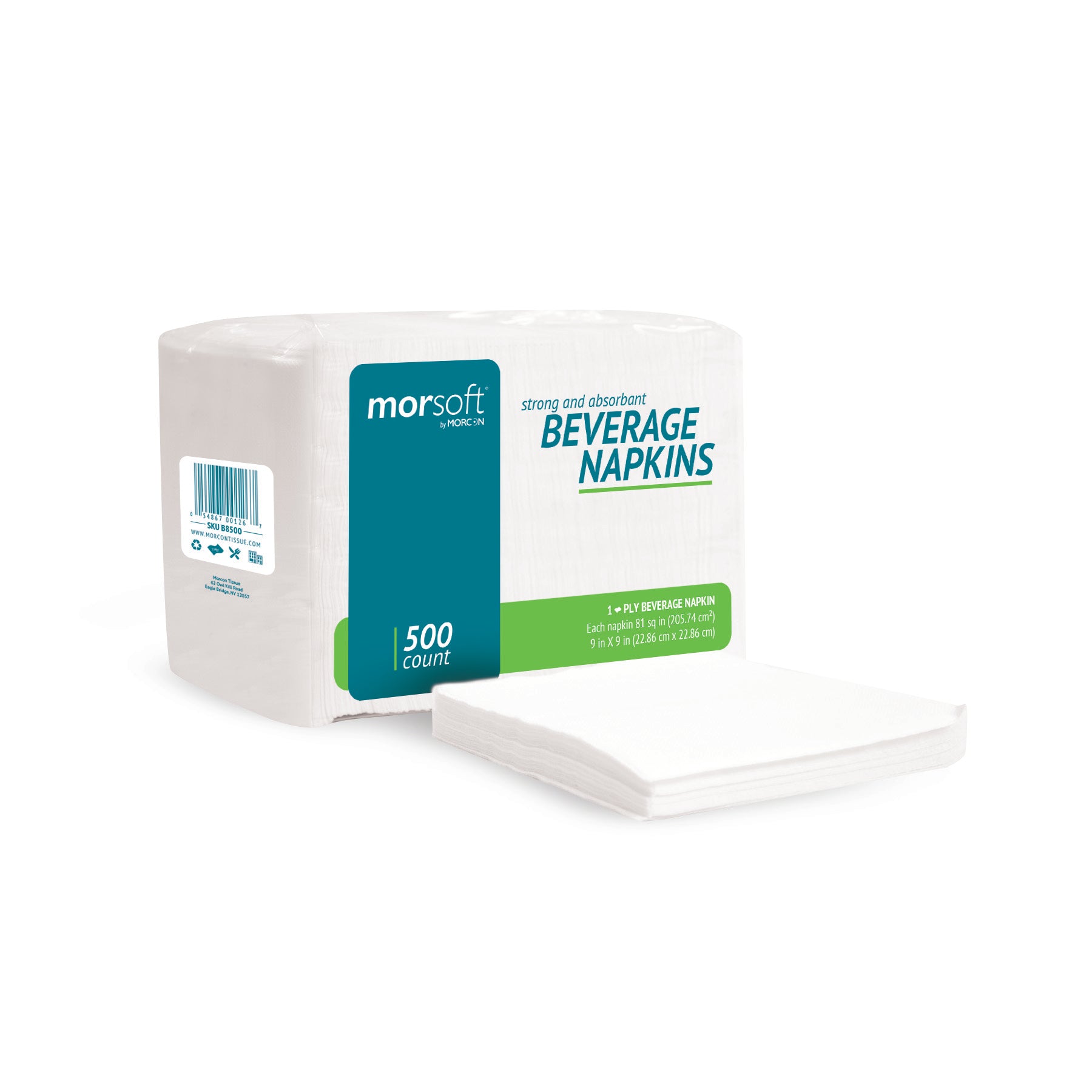 Morcon Morsoft Premium Beverage Napkin, 9" x 9", White, 1-Ply - 500ct. 8/CS (B8500)