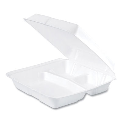 Dart Hinged Lid Styrofoam Container, 9.25" x 9.5" x 3", White, 3 Compartment - 100ct. 2/CS (95HT3R)