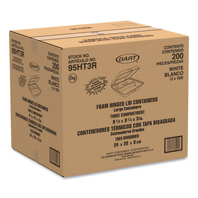 Dart Hinged Lid Styrofoam Container, 9.25" x 9.5" x 3", White, 3 Compartment - 100ct. 2/CS (95HT3R)