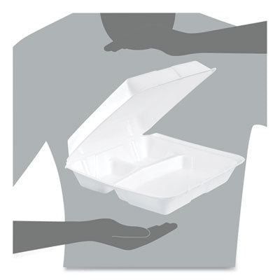 Dart Hinged Lid Styrofoam Container, 9.25" x 9.5" x 3", White, 3 Compartment - 100ct. 2/CS (95HT3R)