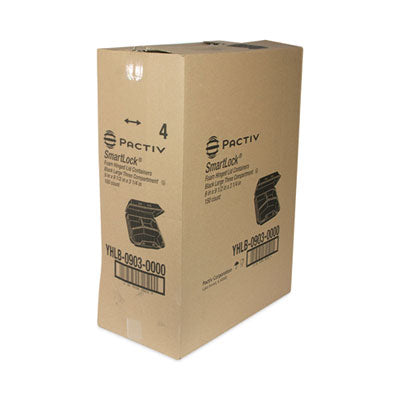 Pactiv SmartLock Hinged Lid Styrofoam Container, Black, 3 Compartment, 9" x 9.5" x 3.25" - 150/CS