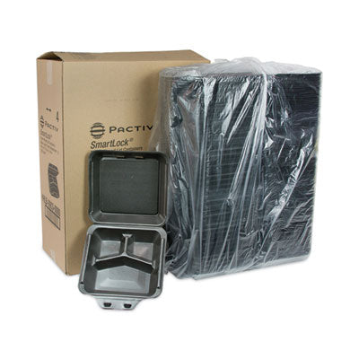 Pactiv SmartLock Hinged Lid Styrofoam Container, Black, 3 Compartment, 9" x 9.5" x 3.25" - 150/CS