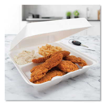 Dart Hinged Lid Styrofoam Container, 9.25" x 9.5" x 3", White, 3 Compartment - 100ct. 2/CS (95HT3R)