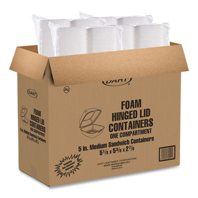 Dart Hinged Lid Styrofoam Container, 5.38" x 5.5" x 2.88", White, 125ct. - 4/CS (50HT1)