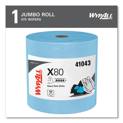 WypAll Power Clean X80 Heavy Duty Cloths, Jumbo Roll, 12.4" x 12.2", Blue, 475/Roll (41043)