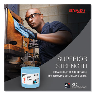 WypAll Power Clean X80 Heavy Duty Cloths, Jumbo Roll, 12.4" x 12.2", Blue, 475/Roll (41043)
