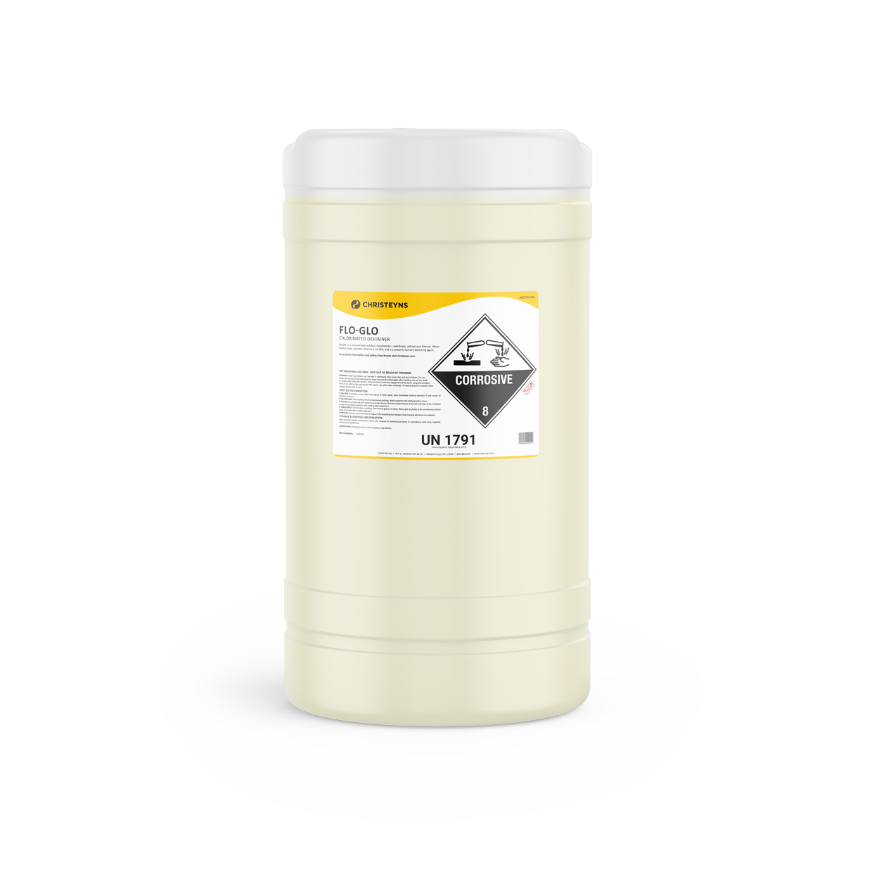 Christeyns Flo-Glo Non-Phosphate Chlorinated Destainer, 15 Gallon Drum