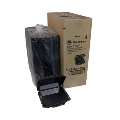 Pactiv SmartLock Hinged Lid Styrofoam Container, Black, 1 Compartment, 9" x 9.13" x 3.25" - 150/CS
