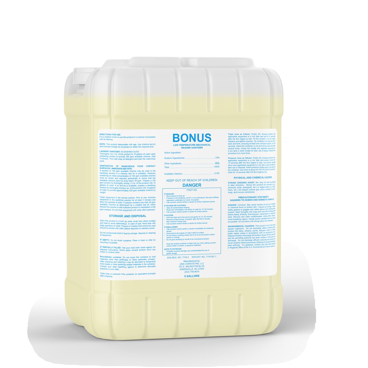 Christeyns Bonus Low Temperature Dish Machine Chlorine Sanitizer - 5 Gallon