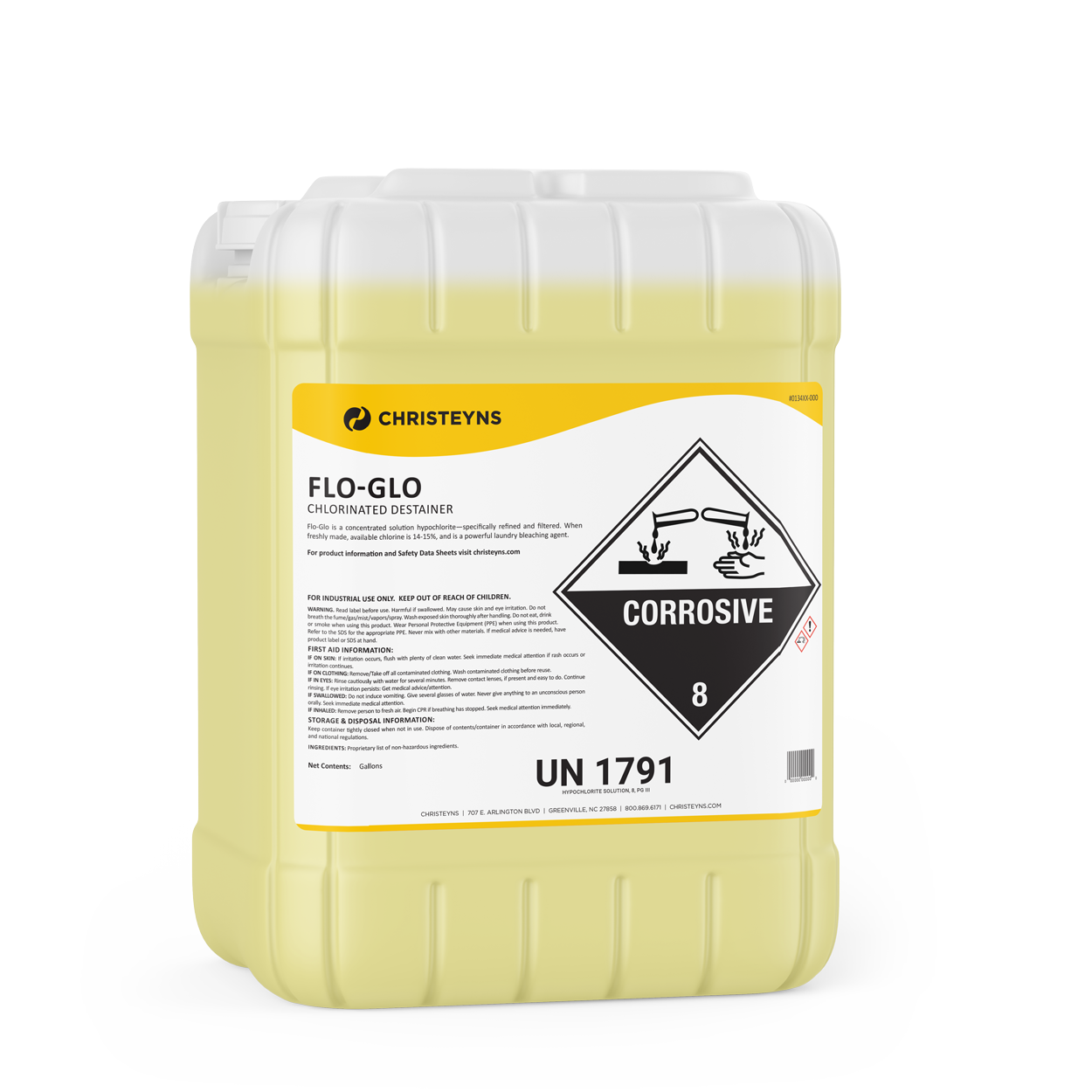 Christeyns Flo-Glo Non-Phosphate Chlorinated Destainer, 5 Gallon Pail