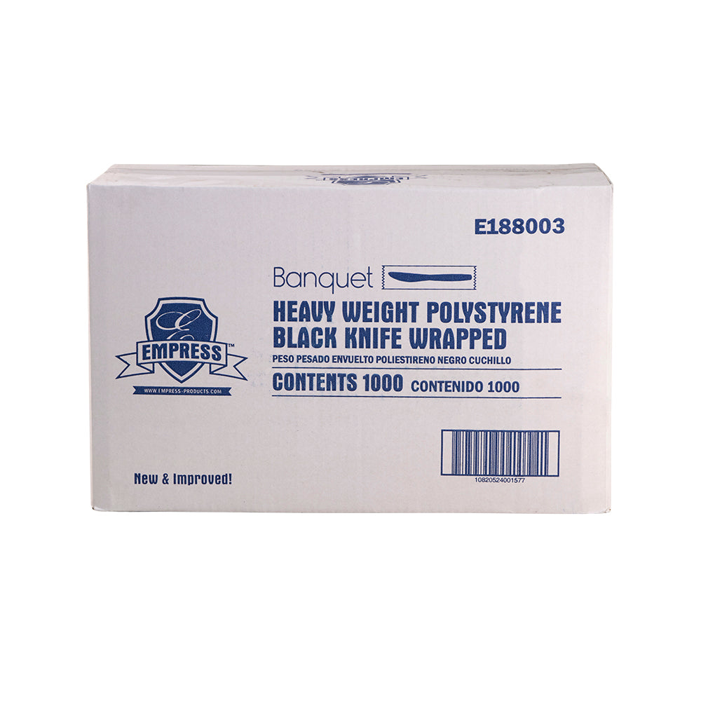 Empress Banquet Plastic Knife, Individually Wrapped, Black, Heavy Weight - 1000/CS (E188003)