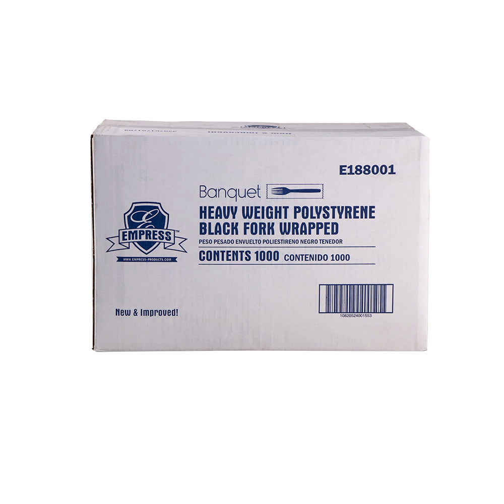Empress Banquet Plastic Fork, Individually Wrapped, Black, Heavy Duty - 1000/CS (E188001)