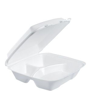 Dart Hinged Lid Styrofoam Container, 3 Compartment, 9 3/8" x 9" x 3" - 100ct. 2/CS (90HT3R)