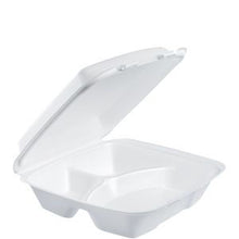 Load image into Gallery viewer, Dart Hinged Lid Styrofoam Container, 3 Compartment, 9 3/8&quot; x 9&quot; x 3&quot; - 100ct. 2/CS (90HT3R)
