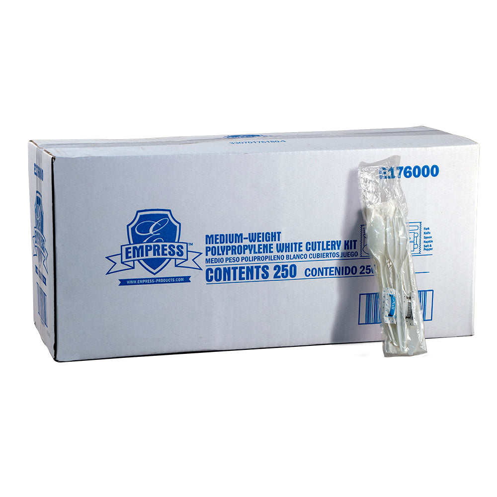 Empress Medium Weight Cutlery Kit, Polypropylene, Knife/Fork/Tsp/S&P/Nap, White - 250/CS (E176000)