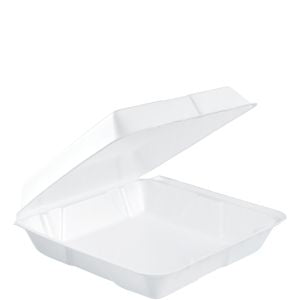 Dart Hinged Lid Styrofoam Container, 9.25" x 9.5" x 3", White, 1 Compartment - 100ct. 2/CS (95HT1)